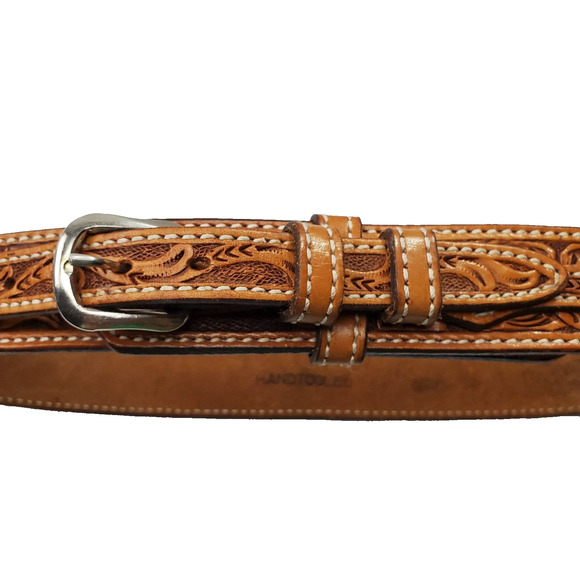 Double J Saddlery Yoakum Texas Natural Floral Tooled Ranger Belt Size 32 Brown - Picture 2 of 4